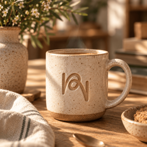 tasse de café avec le logo de maison pomme et romarin